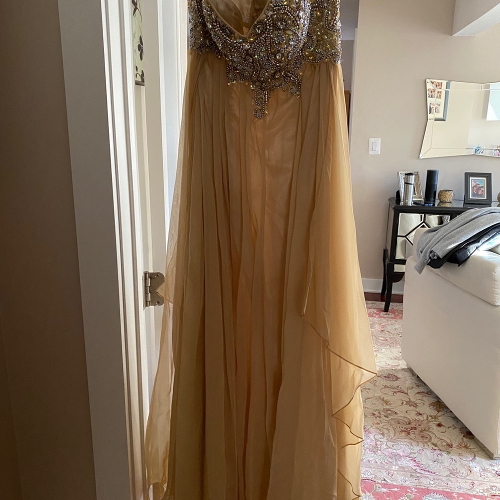 Jovani strapless beige and jeweled gown
